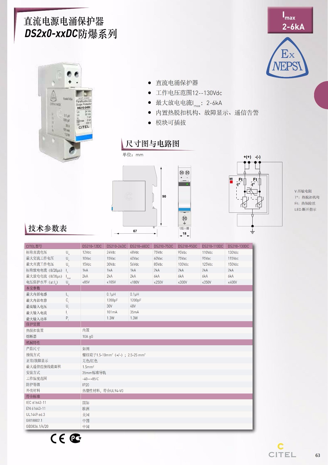 直流防雷器DS50PV-1000-30系列技術參數(shù)、規(guī)格尺寸
