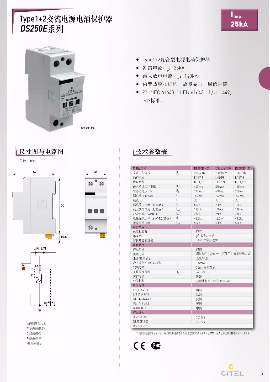 交流防雷器DS250VG-300電源電涌保護器技術(shù)參數(shù)